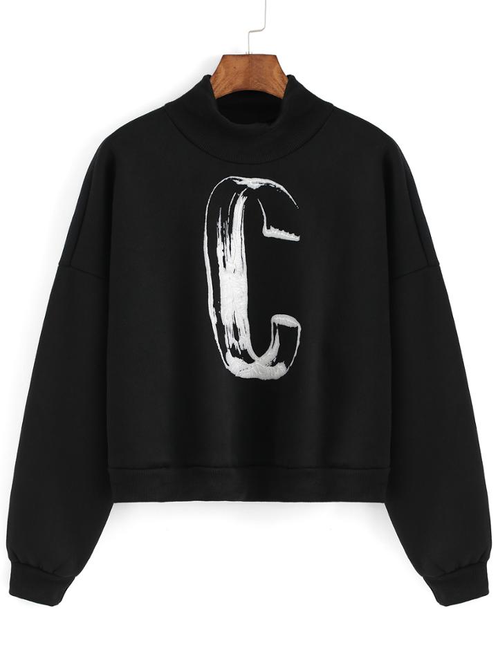 Romwe High Neck Letter Print Black Sweatshirt