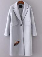 Romwe Grey Bee Embroidery Single Button Coat With Pocket
