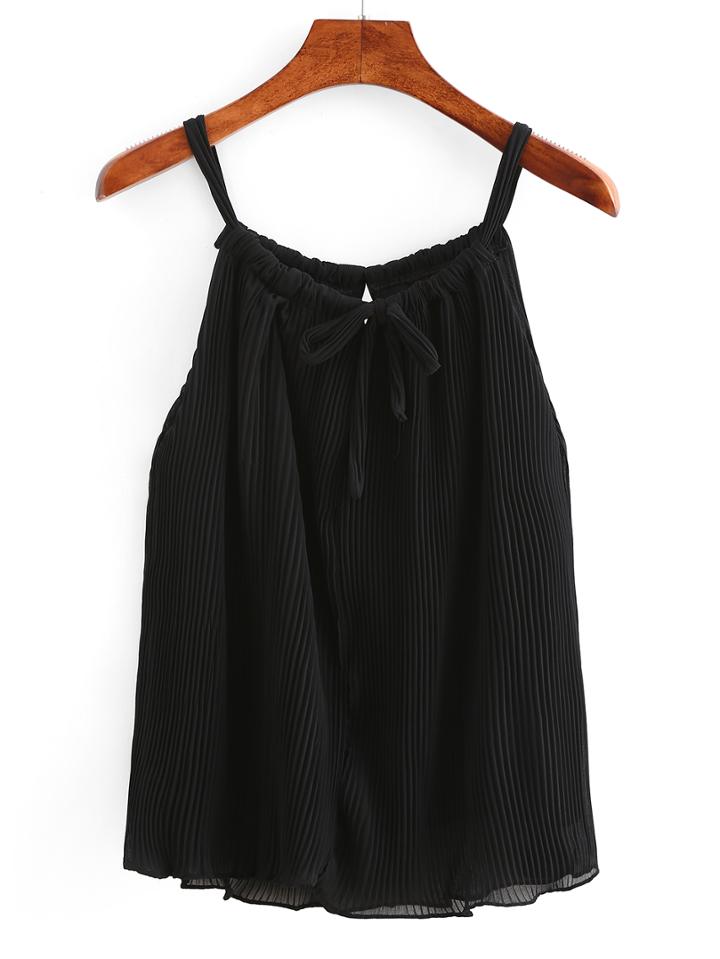 Romwe Drawstring Neck Pleated Chiffon Top