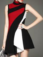 Romwe Black Conrast Red White Stand Collar Sleeveless Ruffle Dress