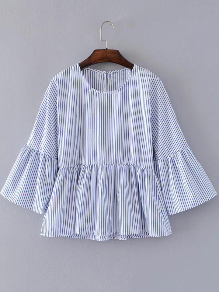 Romwe Bell Sleeve Vertical Striped Ruffle Hem Blouse