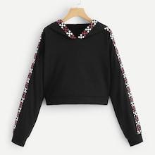 Romwe Plaid Tape Panel Hoodie