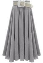 Romwe Grey Belt Pleated Long Skirt