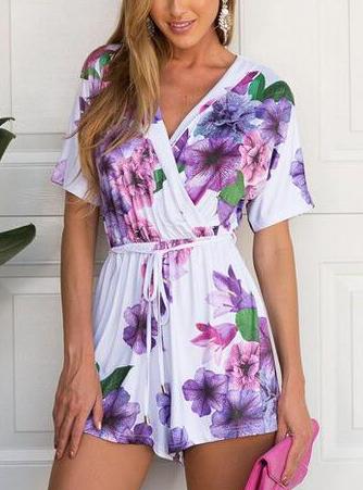 Romwe V Neck Floral Loose Jumpsuit