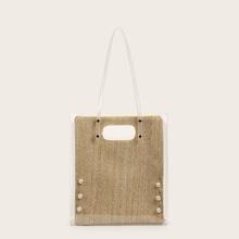 Romwe Faux Pearl Decor Clear Tote Bag With Woven Bag
