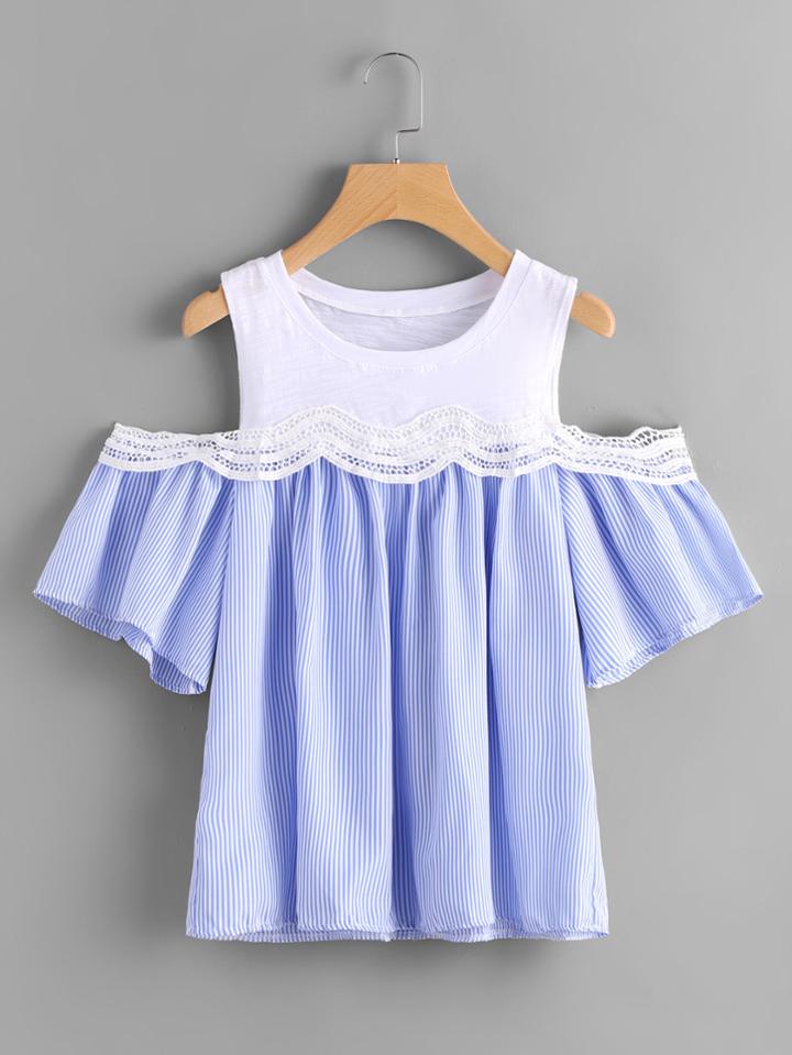 Romwe Open Shoulder Striped Lace Trim Blouse