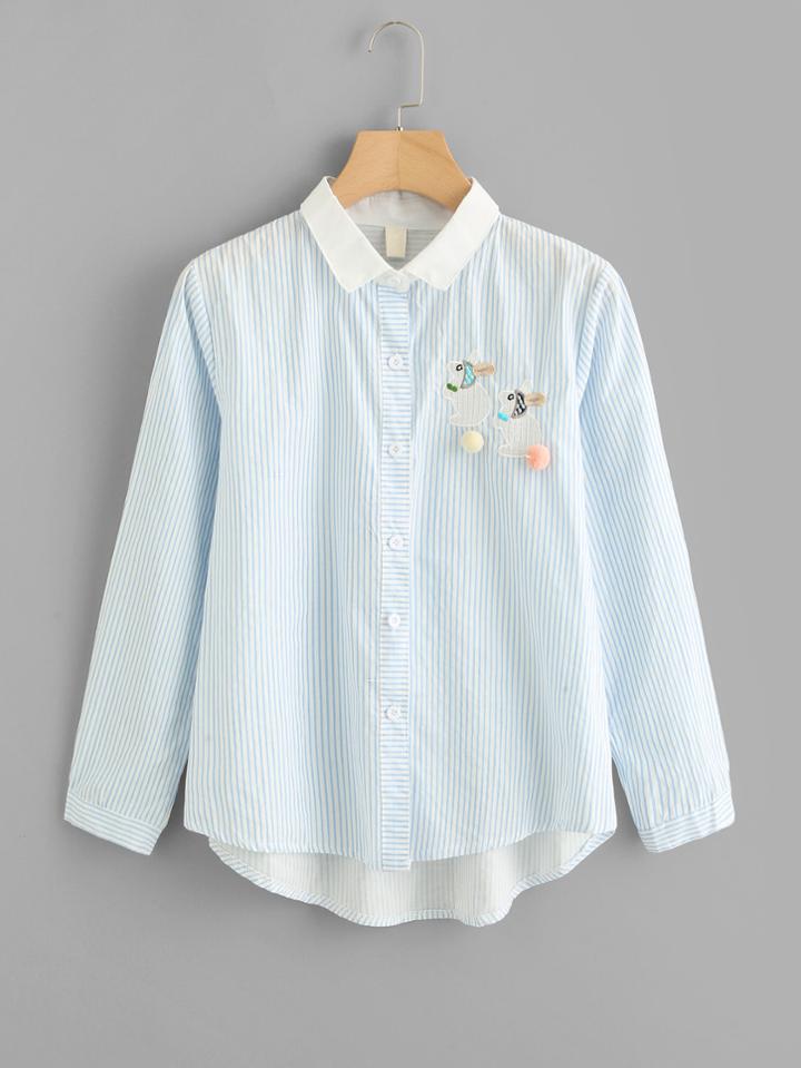 Romwe Pom Pom Detail Striped Dip Hem Shirt