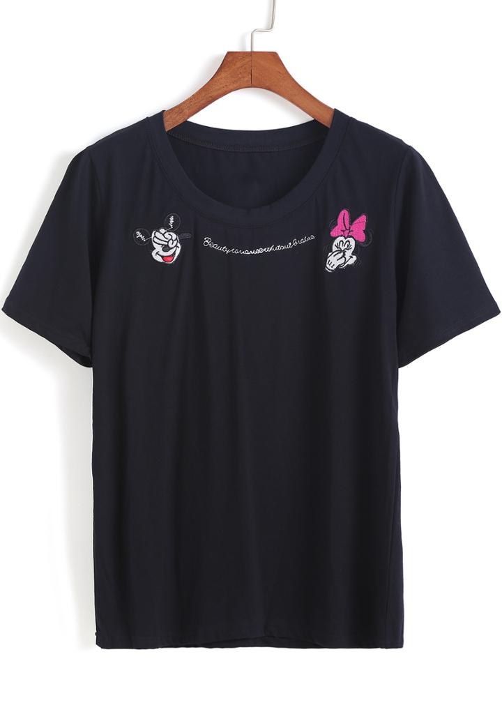 Romwe Black Short Sleeve Mickey Embroidered T-shirt