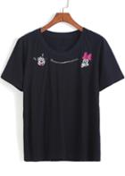 Romwe Black Short Sleeve Mickey Embroidered T-shirt