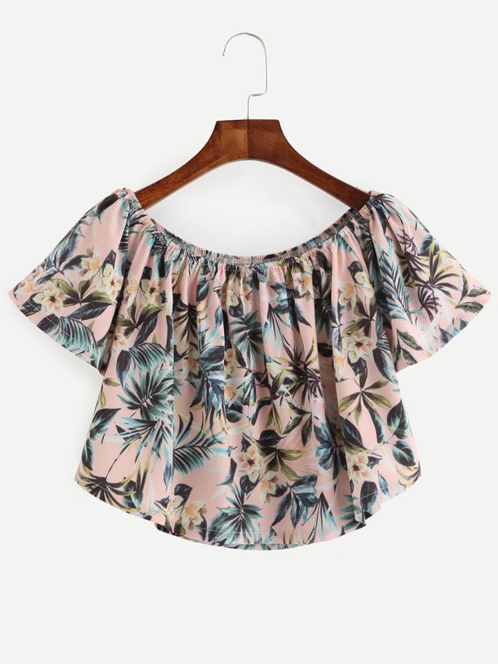 Romwe Pink Tropical Print Crop Top