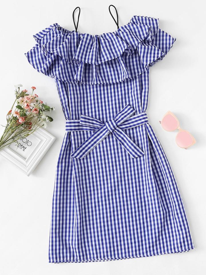 Romwe Open Shoulder Tiered Checked Dress