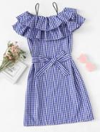 Romwe Open Shoulder Tiered Checked Dress