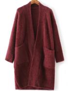 Romwe Burgundy Collarless Open Front Cardigan With Pockets