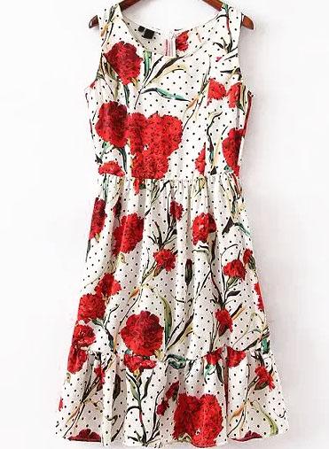 Romwe With Zipper Polka Dot Florals White Dress