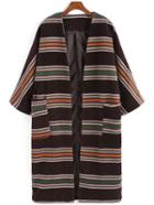 Romwe Striped Open Front Pockets Woolen Coat