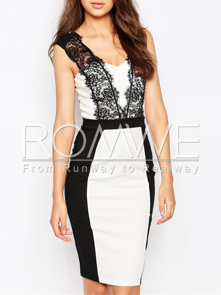 Romwe White Black Sleeveless With Lace Color Block Dress