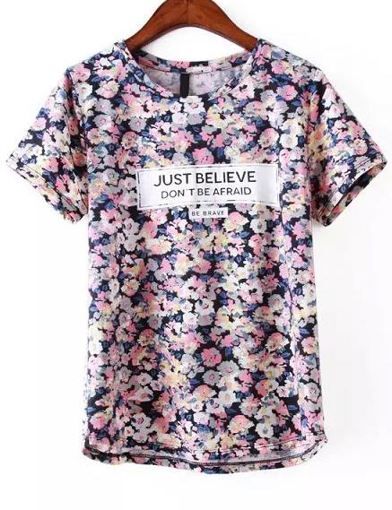 Romwe Blue Short Sleeve Floral Letters Print T-shirt