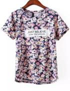 Romwe Blue Short Sleeve Floral Letters Print T-shirt