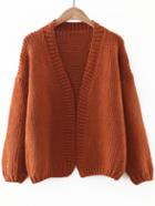 Romwe Dark Khaki Collarless Loose Fit Sweater Coat