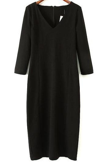 Romwe Black V Neck Long Sleeve Split Dress