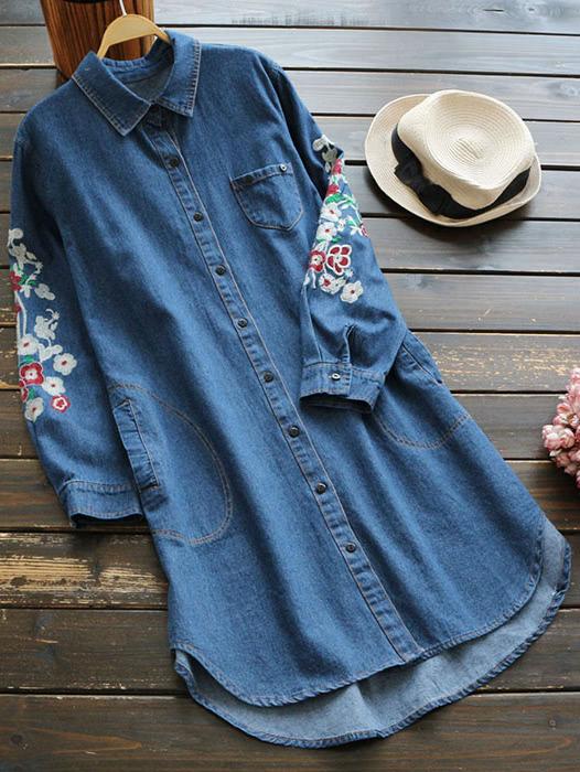 Romwe Floral Embroidered Dip Hem Denim Shirt Dress