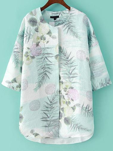 Romwe Round Neck Florals Jacquard Dip Hem Coat