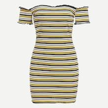 Romwe Off Shoulder Lettuce Trim Striped Dress