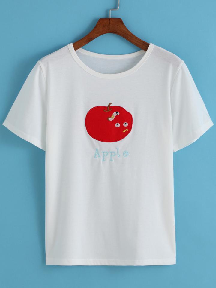 Romwe Apple Embroidered Loose T-shirt