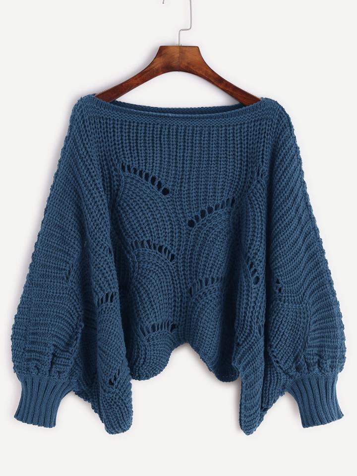 Romwe Navy Lantern Sleeve Hollow Sweater