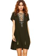 Romwe Army Green Blue Lace Up Print Front Shift Dress