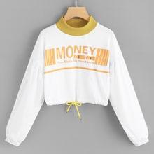 Romwe Contrast Neck Letter Print Drawstring Sweatshirt