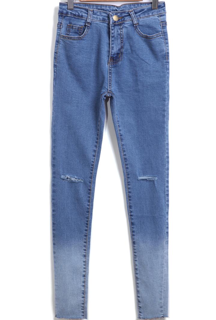 Romwe Blue Pockets Bleached Slim Denim Pant