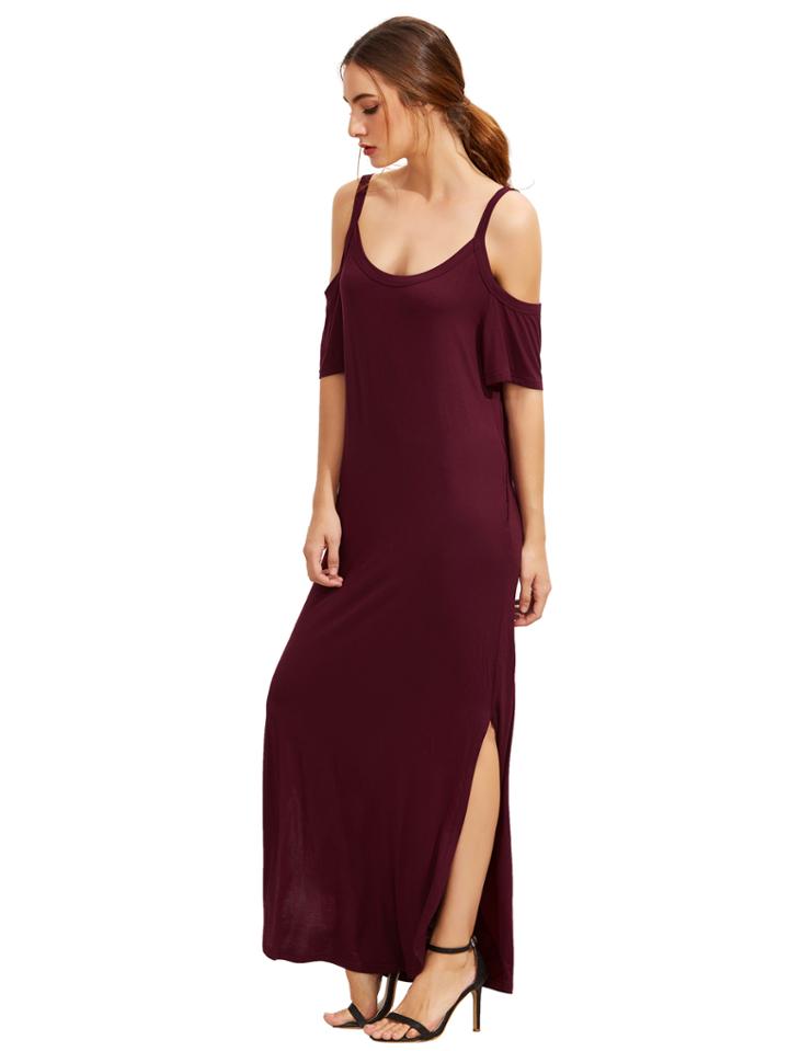 Romwe Burgundy Pocket Cold Shoulder Split Maxi Dress