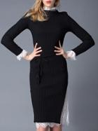 Romwe Black Long Sleeve Tie-waist Knit Contrast Lace Dress