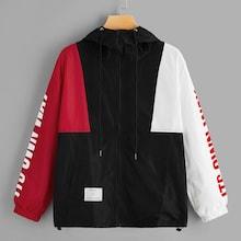 Romwe Zip Up Hooded Cut And Sew Letter Print Sleeve Jacket