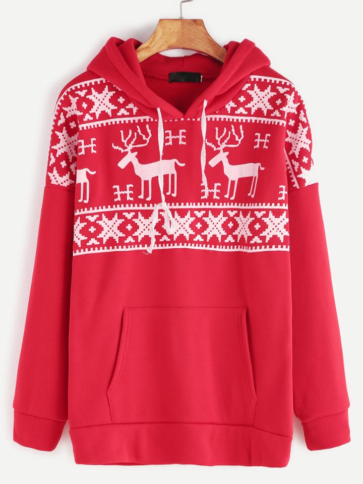 Romwe Red Christmas Print Drop Shoulder Drawstring Hooded Pocket Sweatshirt