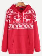 Romwe Red Christmas Print Drop Shoulder Drawstring Hooded Pocket Sweatshirt