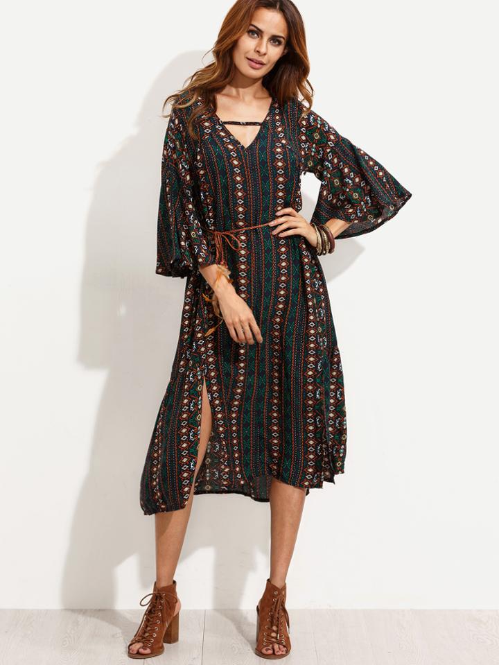 Romwe Navy Random Tribal Print Belted Slit Dress