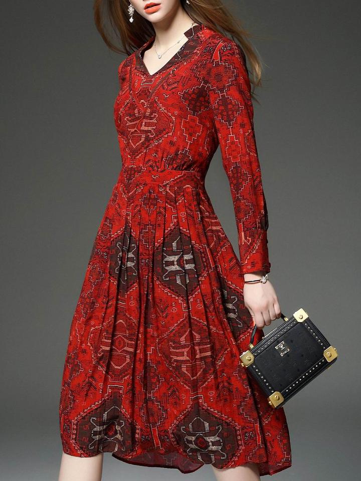 Romwe Red V Neck Tribal Print Knee Length Dress