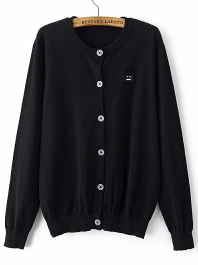 Romwe Black Single Breasted Smile Face Patch Sweater Coat