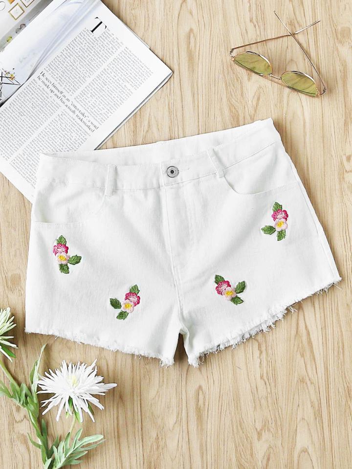 Romwe Flower Embroidered Raw Hem Shorts
