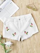 Romwe Flower Embroidered Raw Hem Shorts