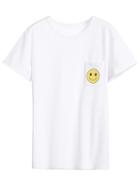 Romwe White Smile Face Print Pocket T-shirt