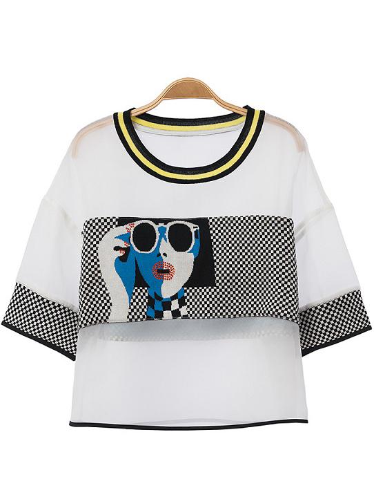 Romwe White Short Sleeve Plaid Beauty Print Blouse