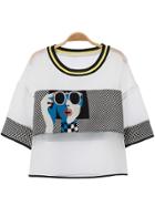 Romwe White Short Sleeve Plaid Beauty Print Blouse