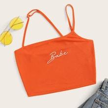 Romwe Neon Orange Letter Print Rib-knit Cami Top
