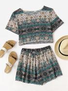 Romwe Allover Printed Tee And Shorts Set