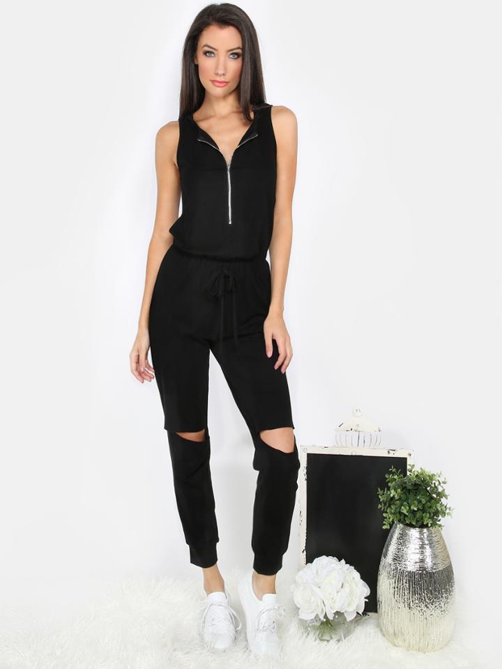 Romwe Black Sleeveless Zipper Cutout Jumpsuit