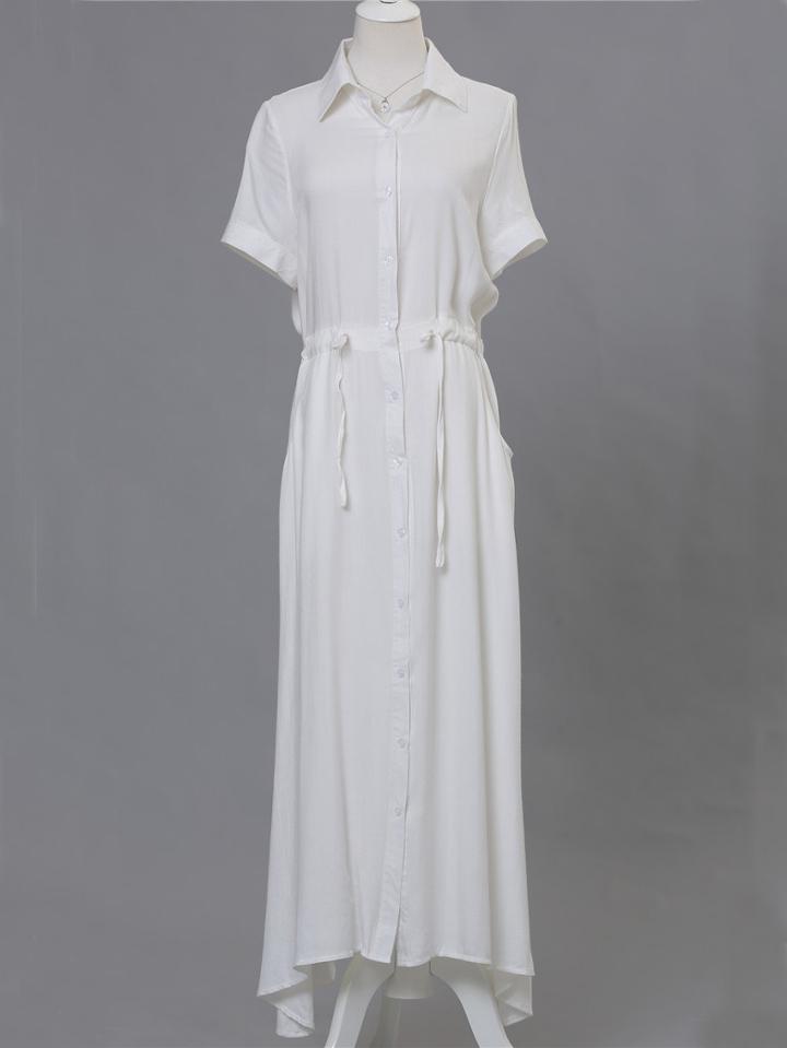 Romwe Lapel Short Sleeve Maxi Shirt White Dress