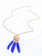 Romwe Blue Feather Pendant Gold Necklace